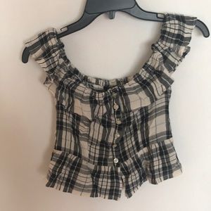 American Eagle checked off the shoulder top